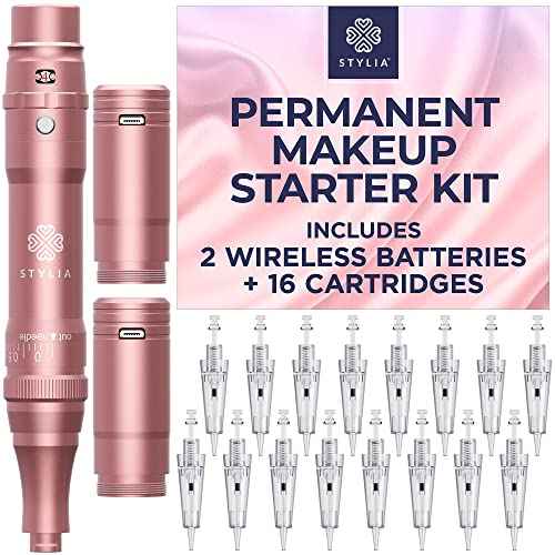 Stylia Permanent Makeup Machine Set ? Wireless Machine Kit with 2 Rechargeable Lithium Batteries, Power Adaptor and 16 Cartridges ? Microblading Supplies, Low-Noise, High-Speed Motor
