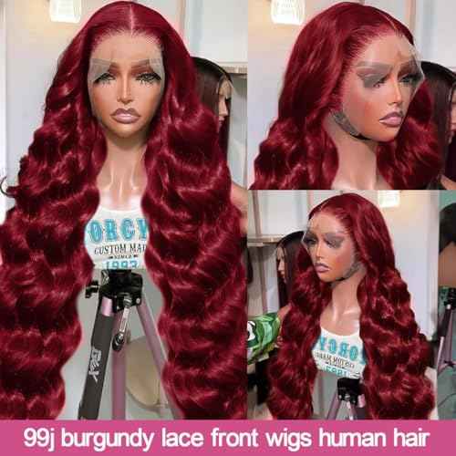 28 Inch 99J Burgundy Lace Front Wigs Human Hair Pre Plucked 13x6 HD Transparent Body Wave Lace Front Wigs 99j Burgundy Red Wine Glueless Frontal Human Hair Wigs for Women