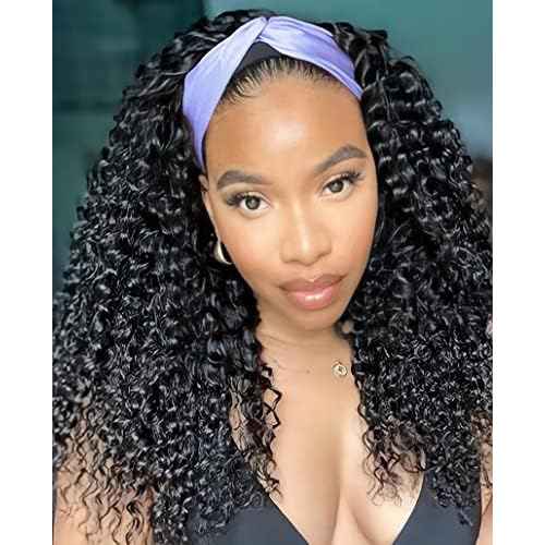 Human Hair Wig Deep Wave 16 Inch Headband Wig Curly Hair Wig Machine Made Wig Non Lace Front for Women Natural Color