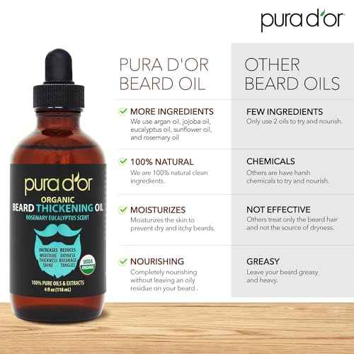 PURA D'OR 4 Oz Thickening Beard Oil ? Moisturizing Blend with Rosemary, Biotin & Castor Oil ? Increases Moisture, Thickness and Shine - Reduces Dryness and Breakage