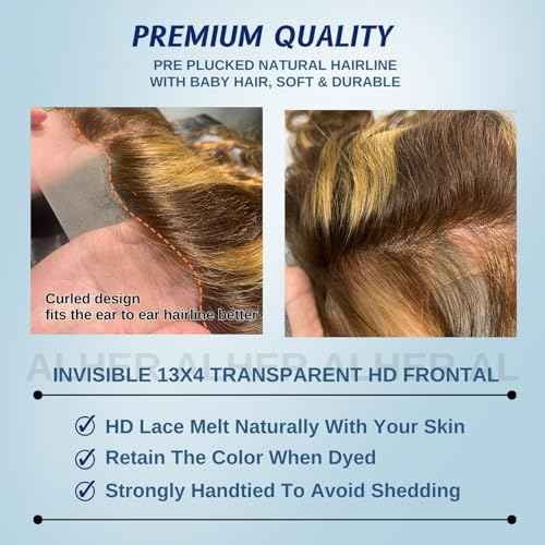 ALHER #F4/27 Honey Blonde Highlight 13x4 Lace Frontal Closure Human Hair Body Wave, Balayage Ombre Colored Ear to Ear 13 x 4 HD Transparent Lace Frontal Baby Hair£¨150% Density, 14 Inch)
