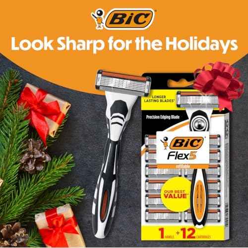 BIC Flex 5 Refillable Men's 5 Blade Razors, Holiday Grooming for a Smooth Shave, 1 Handle and 12 Cartridges-Pack, Stocking Stuffers