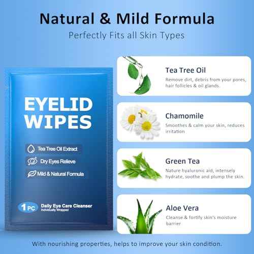 60PCs Eyelid & Lash Wipes with Hyaluronic Acid, Tea Tree Oil Eye Cleaser For Blepharitis, Itchy & Stye Eyes, Pre-Moistened Eyelid Wipes for Dry Eyes Relief, Daily Care Cleanser for Sensitive Eye