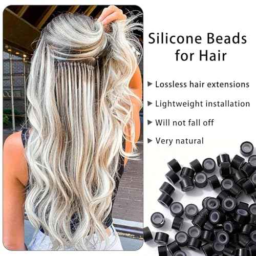 Hair Extension Tools Kit, 3 Colors 600pcs Micro Silicone Rings Beads Hair Extensions Kit Hair Pliers Micro Pulling Hook Needle Loop Threader and 600pcs Micro Silicone Links(Black,Brown,Blonde)