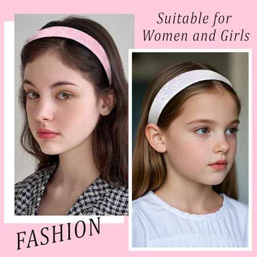 Girls Headbands, 3PCS Headbands for Girls Women Glitter Pink Rainbow White Headband Sparkly Sequin Headband Hair Accessories