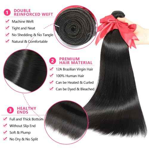 12A Straight Bundles with Frontal Human Hair 20 22 24+18 Inch Brazilian Human Hair Bundles with Frontal 100% Unprocessed Virgin Weave Hair with 13x4 HD Lace Closure