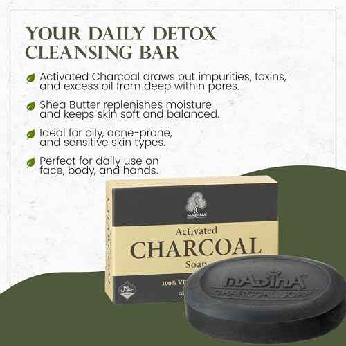 Madina Activated Charcoal Soap Bar ? Deep Cleansing, Detoxifying, Oil Control, Acne, 100% Vegetable-Based, Halal, Gentle Face & Body Cleanser, 6 Pack (3.5 oz Each)