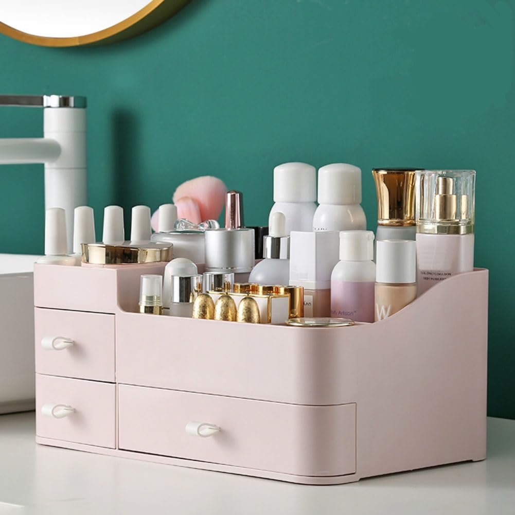 MIUOPUR Makeup Organizer for Vanity, Large Capacity Desk Organizer with Drawers for Cosmetics, Lipsticks, Jewelry, Nail Care, Skincare, Ideal for Bedroom and Bathroom Countertops - Large Pink