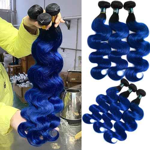 Ombre Blue Bundles Hair Body Wave Brazilian Virgin Human Hair 3Bundles 1b/blue Body Wave Unprocessed 2 Tone Blue Virgin Bundles for Women (141618, Body 1b/Blue)
