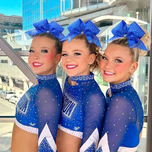 Oaoleer 12PCS Glitter Cheer Hair Bows for Cheerleading, 7inch Large Jumbo Cheer Bow with Ponytail Holder for Teen Girls Softball Cheerleader (Blue)