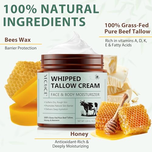 Whipped Beef Tallow for Skin, Organic Face Moisturizer with Grass Fed Beef Tallow & Raw Honey, Deeply Moisturizes Face & Body, Reduces Skin Irritation and Sensitivity, 4.2 Oz