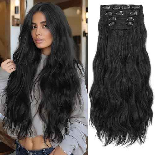 24 Inch Clip in Hair Extensions 4 Pcs - Curly Wave hair Extensions Clip Ins, Soft Natural Look Synthetic Fiber, Tangle Free, Lightweight, Long Use with Secure Invisible Clips, Daily Wear(1B)