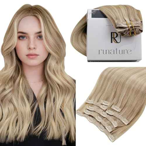 RUNATURE Clip in Hair Extensions Real Human Hair Blonde Highlight 18 Inch Real Human Hair Clip in Extensions 120g Blonde Hair Extension Clip Ins Human Hair Extension Full Head Double Weft 7pcs