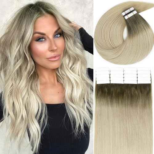 Lacer Natural Tape In Extensions Human Hair Light Ash Brown Roots Light Platinum Blonde Hair Extensions Straight Human Hair Tape In Extensions Skin Weft Tape Extensions Human Hair 16inch 40Pcs 100G