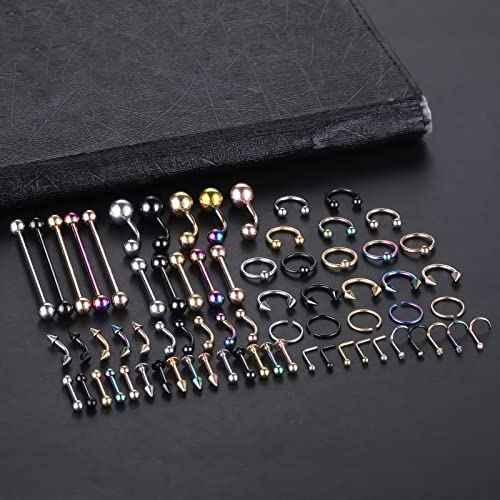 120PCS Body Piercing Kit Surgical Steel 14G 16G 20G BCR CBR Labret Lip Rings Cartilage Daith Earrings Nose Septum Nose Studs Belly Button Rings Piercing Jewelry Needles Gloves Clamps Tools