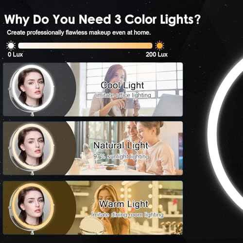 Lighted Makeup Mirror, 3000 mAh Rechargeable Double Sided Magnifying Vanity Mirror with 3 Colors, 1x/10x, 360¡Æ Rotation , Brightness Adjustable Magnification Cosmetic Light up Mirror, Women Gift