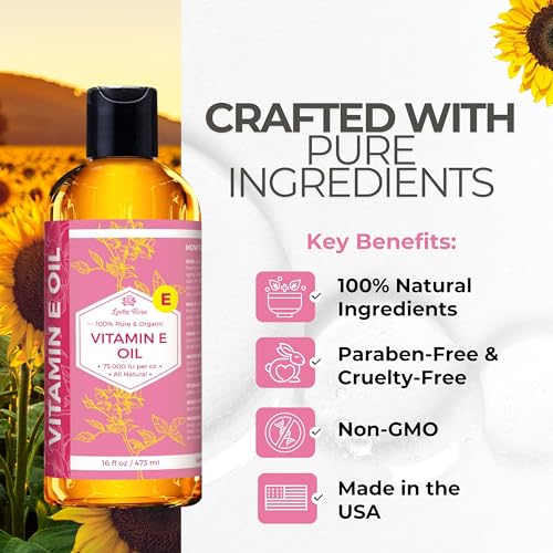 Bulk Vitamin E Oil by Leven Rose 75,000 IU per oz 100% Natural, Organic, Pure Vitamin E Oil for Skin, Face, Hair, and Nails, 16 oz