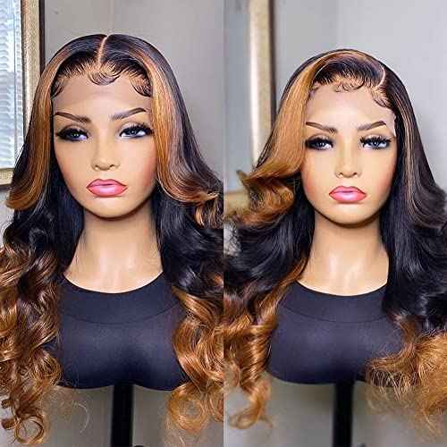 Body Wave Ombre Honey Blonde Highlights Human Hair Wig 13x4 Transprent HD Lace Frontal Wig Brazilian Human Hair Wigs Pre Plucked With Baby Hair 150% Density (18Inch)