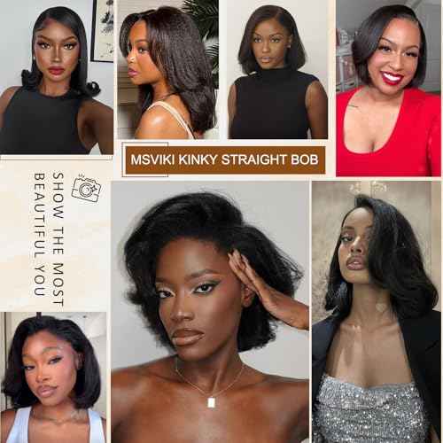 4C Edges Baby Hair Kinky Straight Human Hair Wig Glueless Side Part Short Yaki Bob Wig Human Hair Thick End UHD 13x4 Lace Front Wig Pre-Bleached Natural Color Brazilian Virgin Hair 10"