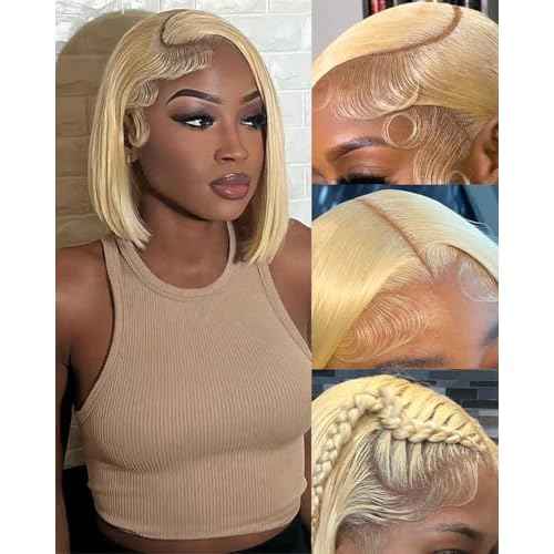 Alididi 613 Blonde Bob Wig Human Hair Straight 13x6 Transparent Lace Front Wigs Human Hair Pre Plucked Glueless Short Bob Wig human hair 180% Density 613 bob wigs for black women 10 Inch