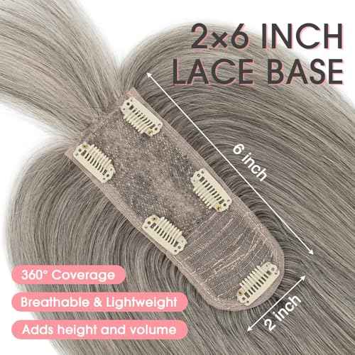 TESS Real Hair Toppers for Women Handmade Lace Base Womens Clip In Hairpieces with Bangs 5 Clips Natural Coverage Soft and Secure 2¡¿6", Silver