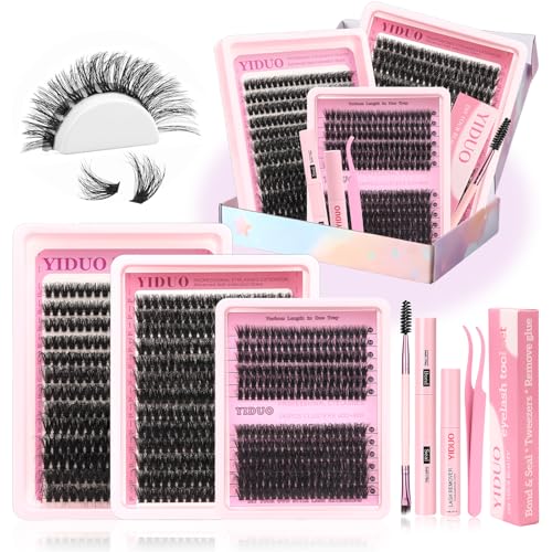 Lash Clusters Kit with 2X Bond&Seal 3 Styles 760Pcs Clusters Lashes Extension Volume Soft Eyelash Extension Kit 80D+100D D Curl Wispy Natural DIY Individual Lash Clusters Kit Box for Beginners