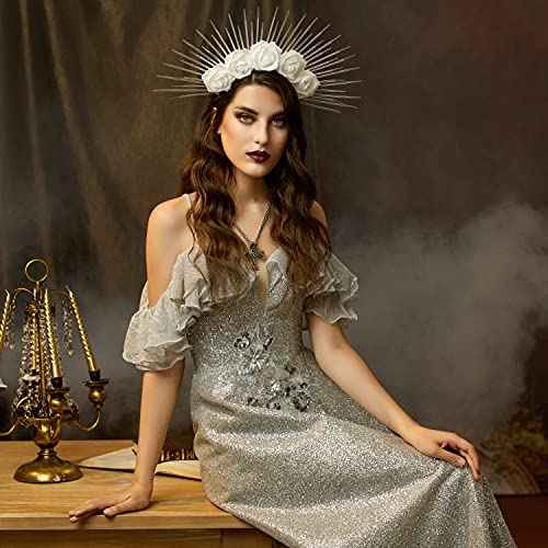 Fantherin Halo Crown with Roses Womens Mexican Flower Goddess Rose Spiked Sun Headpiece for Cosplay Halloween Costume
