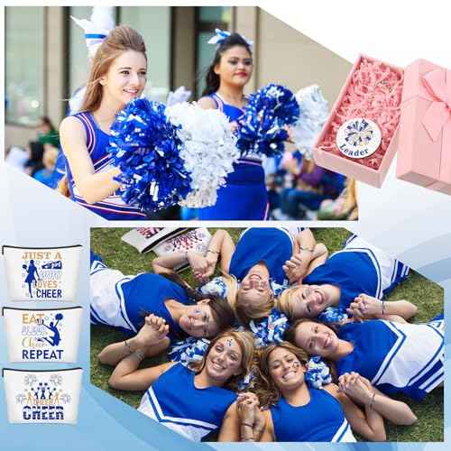 Lyrow 160 Pcs Cheerleader Gifts Bulk for Team Cheer Scrunchies Hair Ties Makeup Bag Cheer Mirror Bracelet Keychain Sticker for Back to School(Blue)