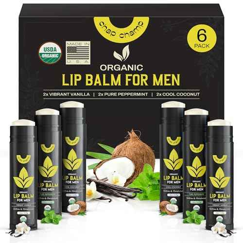 Lip Balm for Men - USDA Organic Certified Chapstick - All Natural & Organic Ingredients - Vitamin E and Beeswax - Great Stocking Stuffer - Peppermint, Coconut & Vanilla - MADE IN THE USA (6 pack)