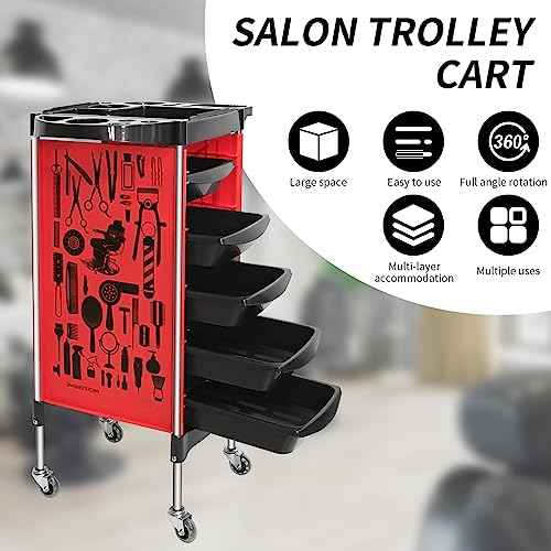 RED by Salon Trolley Cart, Multifunction 5 Drawer Hair Stylist Salon Station Rolling Cart Professional Hairdresser Hair Dye Storage Beauty Barber Moveable Station