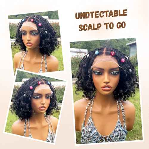 Munx Knotless Braided Wigs Human Hair 5x5 Closure Lace with Braided Bob Curly Deep Wave Square Parted Knotless Preplucked Boho Braided Lace Front Bob Wigs for African American 100% Human Hair 10in