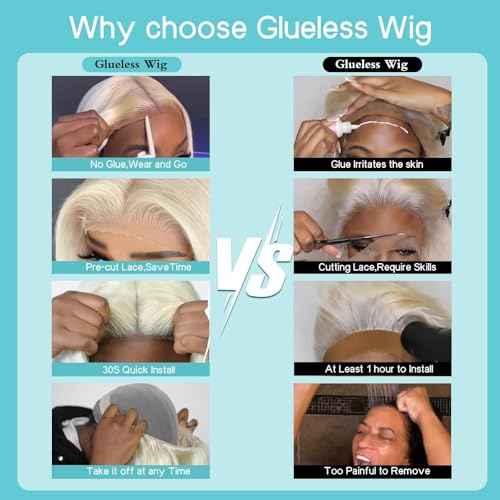 Bye Bye-Glue Warm Platinum Blonde Wig Human Hair Preplucked Precut HD Lace Baroque Pearl Short Bob Human Hair Wigs For Women 200% Density Double Drawn Straight Cut Wig 10"