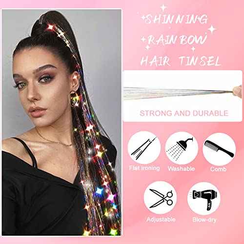 Hair Tinsel Kit with Tools 48 Inch 1200 Strands Colorful Tinsel Hair Extensions Fairy Hair Tinsel Kit Heat Resistant Sparkling Glitter Tensile Hair Accessories for Girls Women Kids