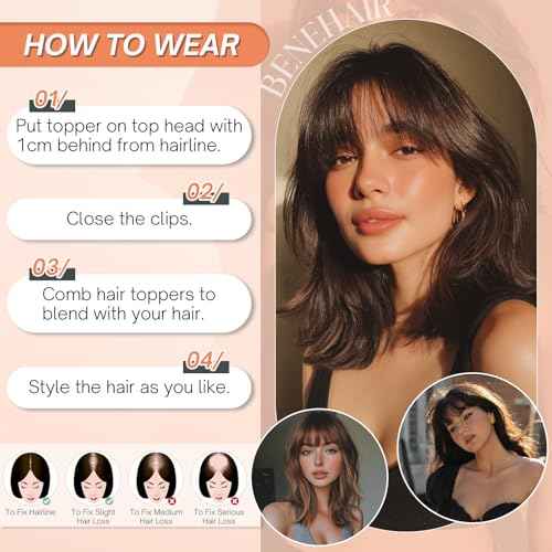 Benehair Hair Toppers for Women Real Human Hair 360¡Æ3D Clip in Bangs Toppers with Bang for Thinning 150% Density Hairpieces Lace Base Long Coverage Wiglet for Daily Use #02 Dark Brown 12Inch
