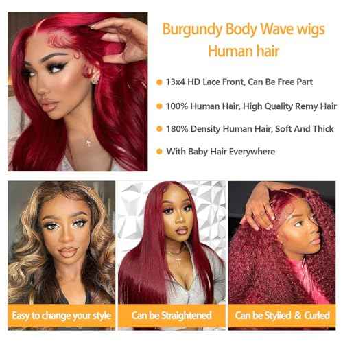 Burgundy Lace Front Wigs Human Hair 99j 13X4 Body Wave Lace Front Wigs 180% Density 100% Brazilian Human Virgin Hair Glueless HD Red Wigs Pre Plucked with Bleached Knots Natural Hairline (26inch)