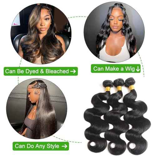 Human Hair Bundles 20 22 24 Inch Body Wave Bundles Human Hair 100% Unprocessed Brazilian Virgin Hair Quick Weave Real Human Hair Extensions Natural Black