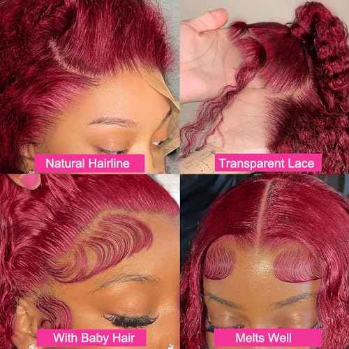 Burgundy Lace Front Wigs for Black Women 24 Inch 99J Deep Wave Wigs 13x4 Transparent Lace Frontal Wigs Glueless Wet and Wavy Red Colored Curly 100% Human Hair Wig Pre Plucked Brazilian Virgin Hair