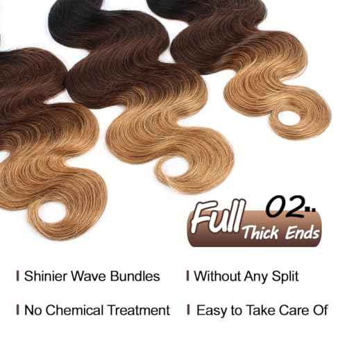 T1B/4/27 Bundles Ombre Human Hair Bundles 12A Unprocessed Virgin Hair 3 Bundles 20 20 20 Inch 3 Tone Brown and Honey Blonde Ombre Wavy Human Hair Bundle Deals for Quick Weave Colored Hair Extensions