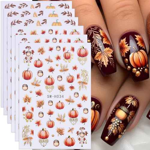 Pumpkin Nail Art Stickers Fall Maple Leaf Nail Decals 6PCS Maple Leaves Pumpkin Nails Design 3D Self-Adhesive Nail Art Supplies Fall Stickers for Nails Thanksgiving Day Women DIY Manicure Decorations