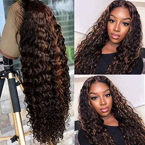 Highlight Ombre Lace Front Wig Human Hair Pre Plucked 1B/30 Black Brown 13x4 HD Lace Frontal Wigs Deep Wave Honey Blonde Human Hair Wigs for Black Women 180% Density 22 Inch