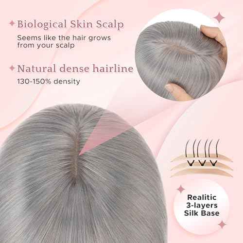SEGO Grey Hair Toppers for Women Real Human Hair With Bangs, 7 * 13 CM Silk Base Clip In Topper Wiglet, Top Pieces for Women with Thinning Hair -10 Inch #G1 Silver Grey