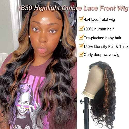Highlight Ombre Lace Front Wig Human Hair 4x4 Balayage FB30 Body Wave Honey Blonde Lace Frontal Wigs with Baby Hair Natural Hairline Pre Plucked Brazilian Closure Wigs for Black Women 30inch