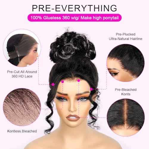 Ossilee Body Wave Glueless 360 Lace Front Wigs Human Hair Hidden Strap Pre Cut Lace Pre Bleached Knots Pre Plucked 360 Wigs for Black Women 200% Density HD Lace Front Wigs 16 Inch