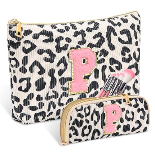 Personalized Initial Cute Pink Cosmetic Bag for Women, Graduation Gifts Makeup Pouch Organizer Bag for Girls 10-14, Travel Toiletry Bag for Her Mom Girlfriend Wife Teacher Birthday Gifts, Leopard P