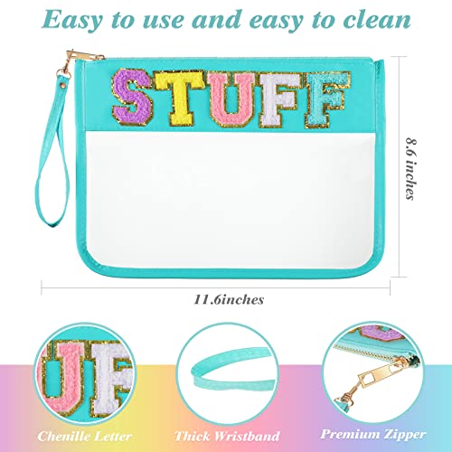 2 Pcs Chenille Letter Clear Zipper Pouch Clear Cosmetic Bag Clear Purse Clear Makeup Letter Bag Stadium Purse Bag Transparent Travel Patch Pouch (Travel Snacks, 11.8 x 8.2 Inch)