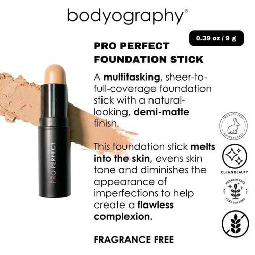 Bodyography Pro Perfect Foundation Stick - Demi-Matte Finish with A Natural Look - Enhancer for Concealing, Highlighting, and Contouring - Vitamin C & E (Sand)