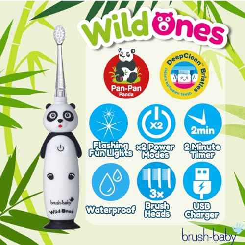 BrushBaby - WildOnes - Kids Rechargeable Electric Toothbrush, Ages 0-10 - Pan-Pan Panda Design with Flashing Lights - DeepClean Bristles for Superior Cleaning - 2 Replacement Brush Heads, 1 USB Cable