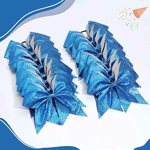 16PCS 8" Large Glitter Cheer Bows for Cheerleaders, CN Sparkly Hair Bows with Elastic Hair Ties Accessories for Teens Girls Women Cheerleading Softball Competition Sports (Blue)