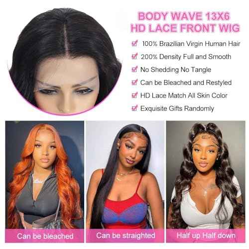 24Inch 13x6 Body Wave Lace Front Wigs Human Hair Pre Plucked With Baby Hair 200% Density Glueless Wigs for Women HD Transparent Lace Front Wigs with Natural Hairline