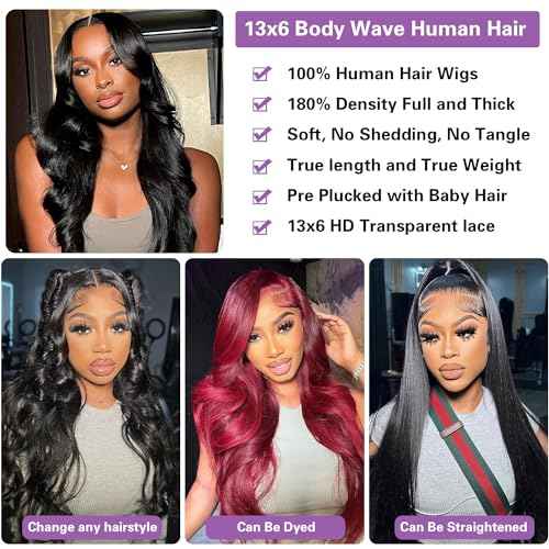 Body Wave Lace Front Wigs Human Hair Pre Plucked 180% Density 13x6 HD Transparent Frontal Wigs Human Hair for Women Natural Black Color 24 Inch